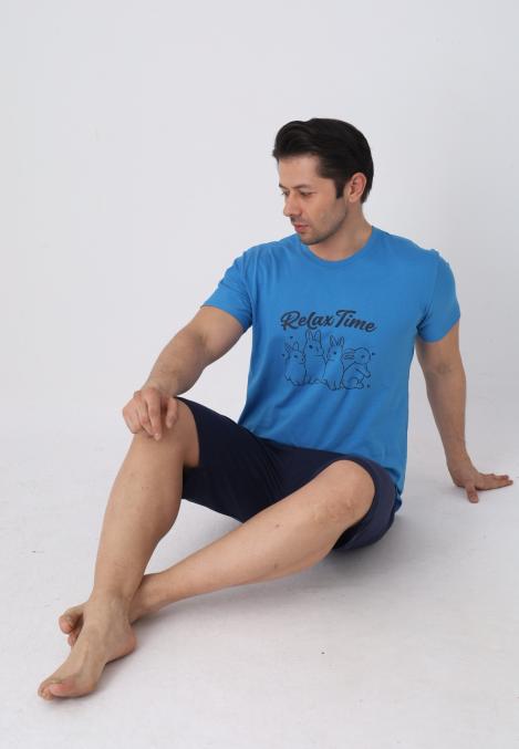 Pijama barbat cu maneca scurta si pantaloni 3/4, culoare albastru, Engros